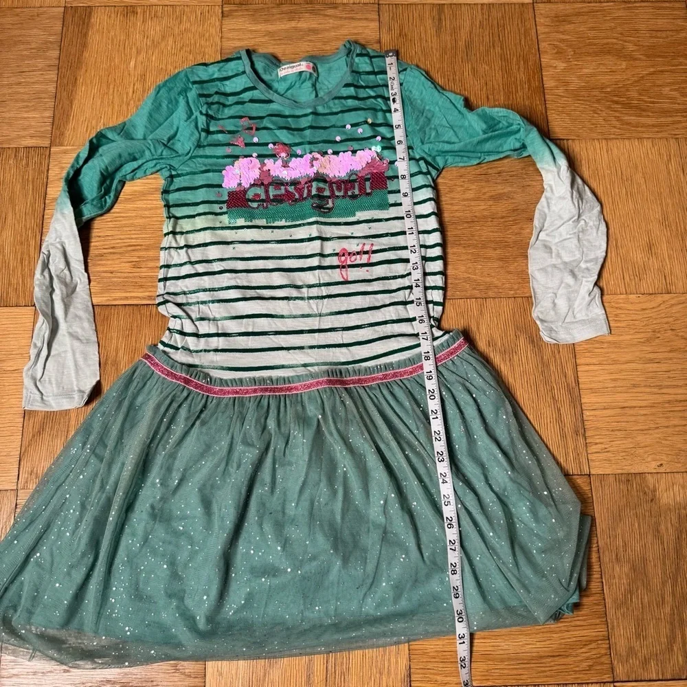 Desigual Girls Kids Dress Teal Green Striped Tulle Skirt Sparkles Long Sleeve